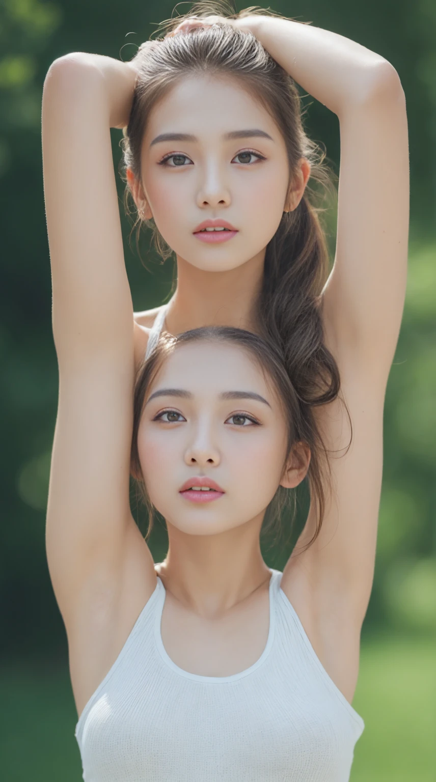 ((Best quality, 8k, Masterpiece :1.3)), 1girl, Pretty woman with emphasizing slender abs :1.3, (random hairstyles :1.2), Oversized tank top :1.2, Ultra-detailed face, Detailed eyes, Double eyelid, armpit