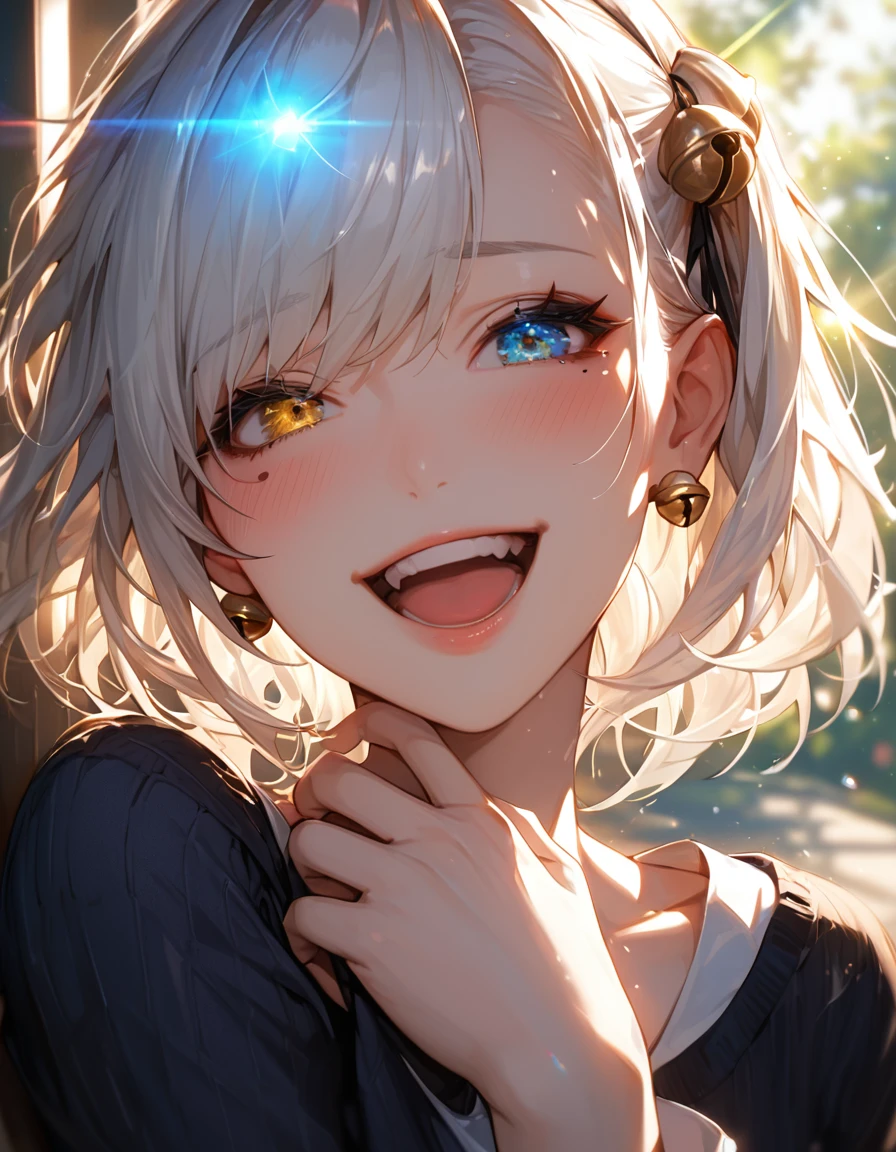 score_9, score_8_up, score_7_up, white hair, mole under eye, mismatched sclera, heterochromia, blush, shy, laughing, bell, ray tracing, god rays, backlighting, glowing light, anime style, masterpiece, best quality, highres, 1080P, HD, 4K, 8k, 16k