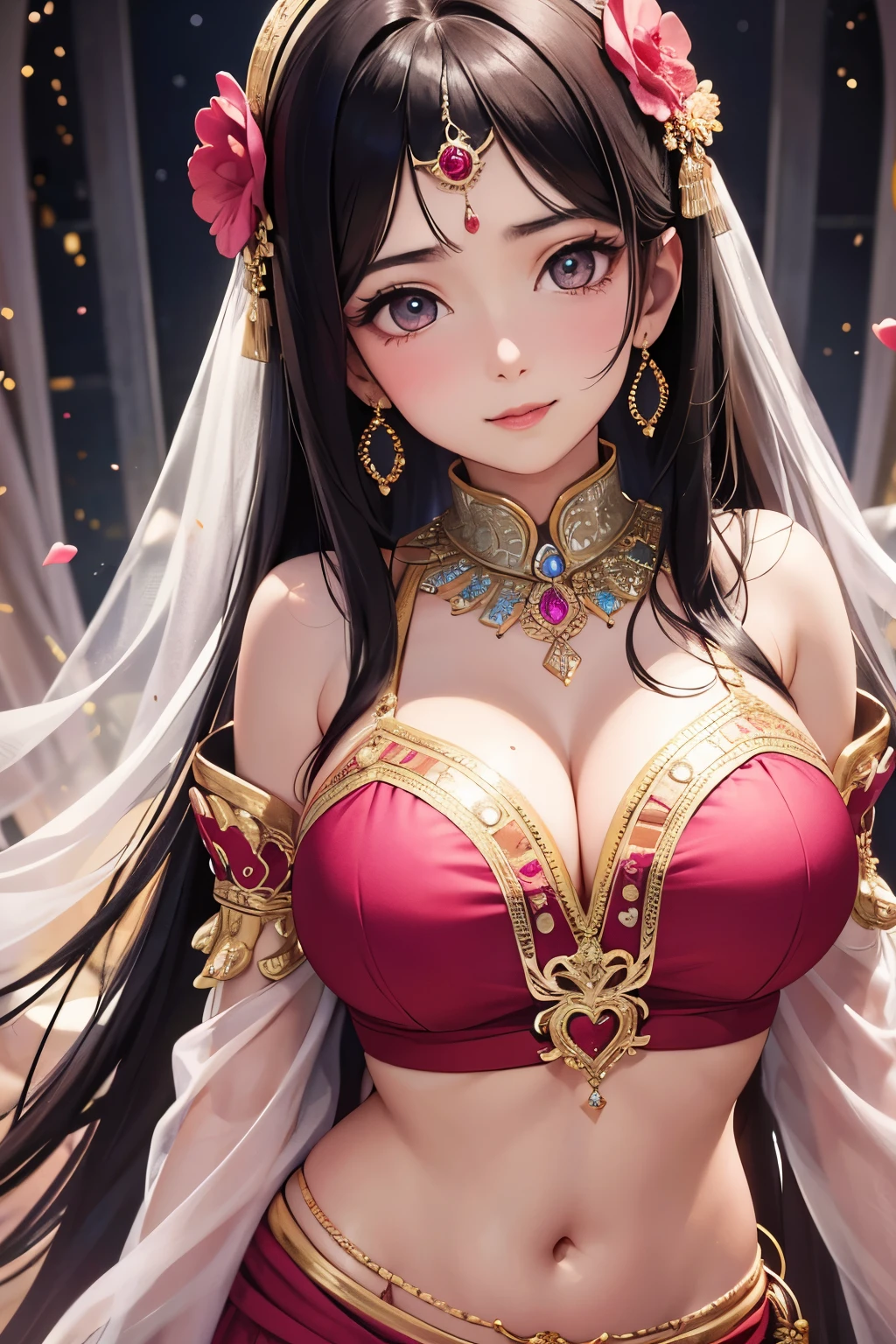 masterpiece, best quality, highly detailed, high resolution, expensive resolution, high resolution, 4k, 8k, uniform 8k wallpaper, highly detailed CG, masterpiece, 2d, 3d, beautiful details, depth, fine texture, best quality: 1.3, perfectly focused, sharp. skin, him, very cute anime girl, cute 20s girl in indian costume saree, , pink medium long hair in expensive clothes, mole under eye, looking at the viewer, expensive, blush, mole, open lips, pink eyes, smiling heart shaped choker