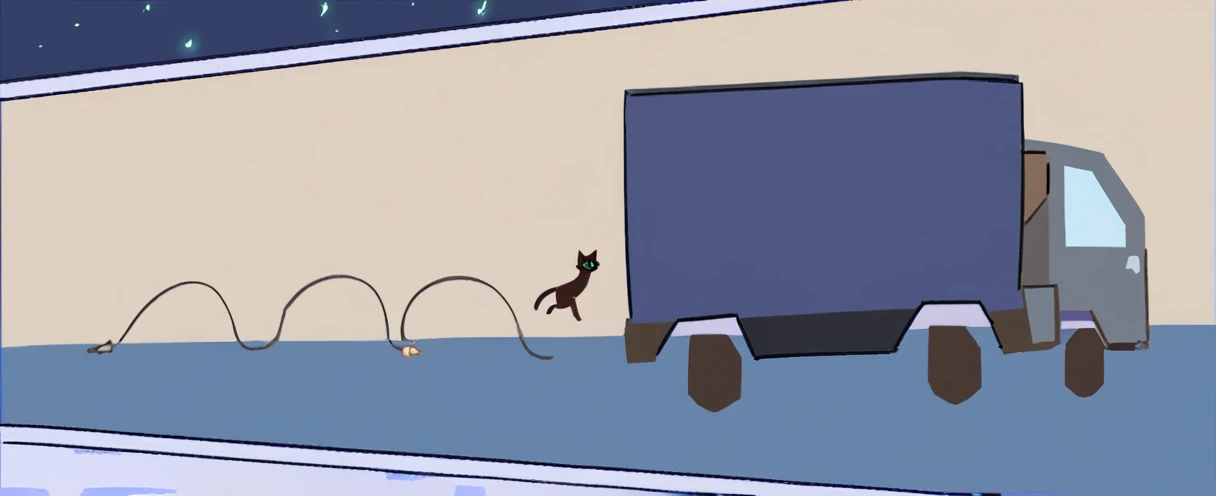 cartoon of a truck with a cat in the back and a cat in the back, animation still screencap, cat from the void, cat summons a spaceship, a cat, no tail, videogame still, animated still, drawn with photoshop, feral scene, cut-scene, ninja cat, running cat, cat jumping to the truck