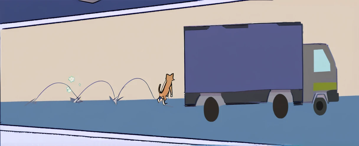 cartoon of a truck with a cat in the back and a cat in the back, animation still screencap, cat from the void, cat summons a spaceship, a cat, no tail, videogame still, animated still, drawn with photoshop, feral scene, cut-scene, ninja cat, running cat, cat jumping to the truck