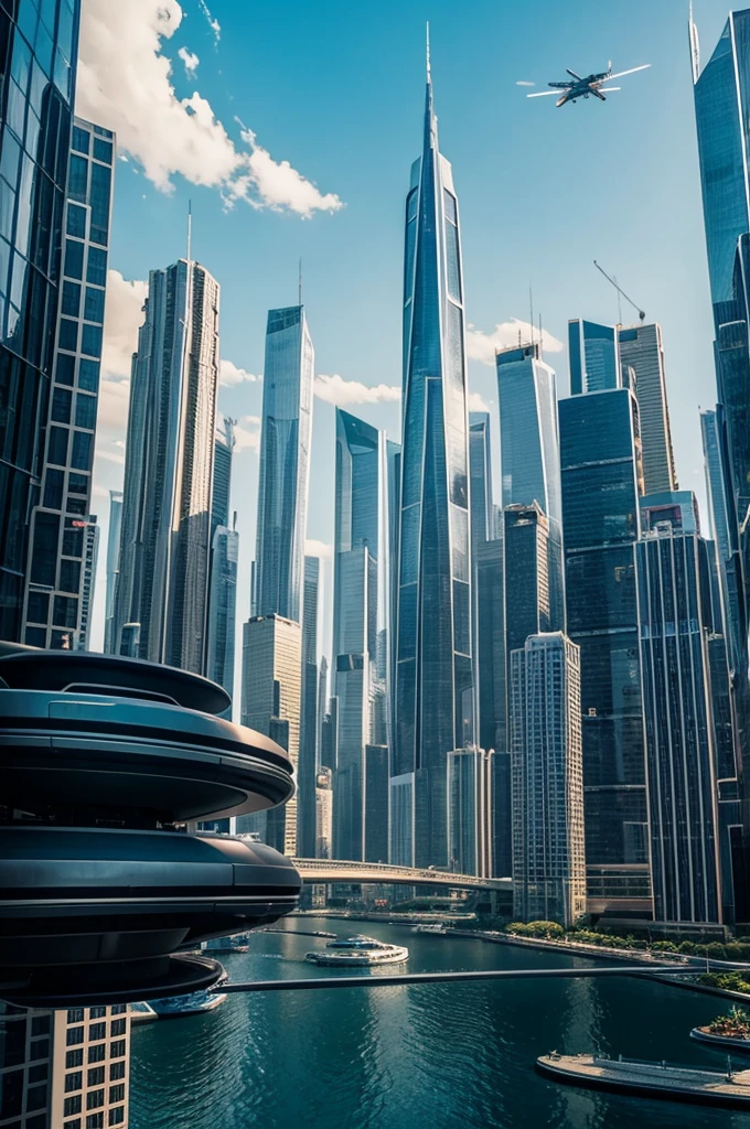 Exterior shot of a futuristic cityscape, with flying cars zipping around and towering skyscrapers reaching towards the sky.