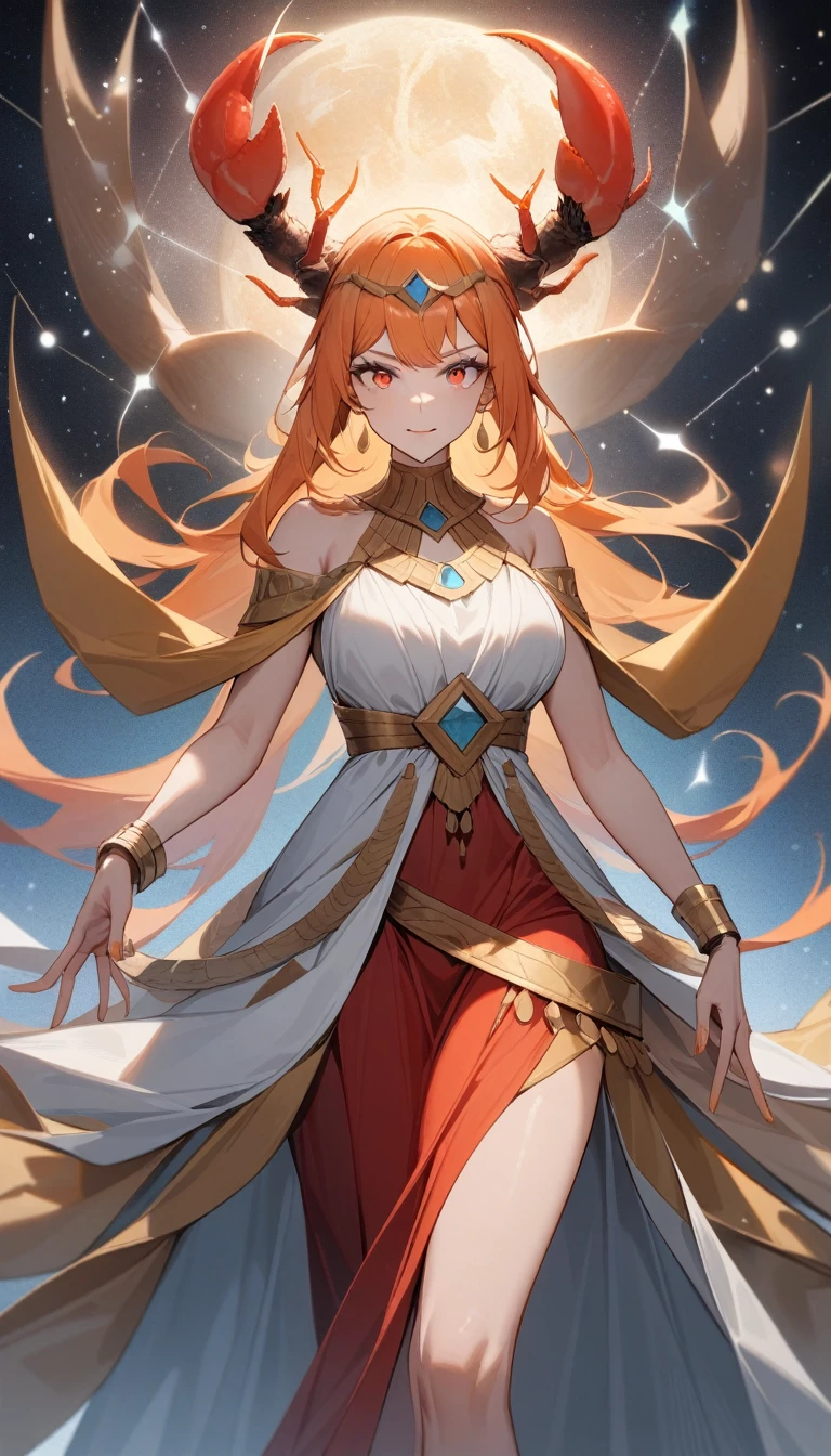 (Huang Li、high quality、Extremely detailed),Constellation-Cancer Goddess,Huge crabs,Woman stroking crab,Similar to Latin goodness,brave,capricious,Productivity,The face of enterprising and humanitarianism,Long orange hair,Ancient Greek costumes、Wrap Dress,Conservative clothing,The background is the universe,Crystal red eyes(Eyes Details),Powerful appearance, Correct anatomy