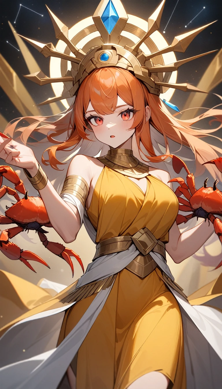 (Huang Li、high quality、Extremely detailed),Constellation-Cancer Goddess,Huge crabs,Woman stroking crab,Similar to Latin goodness,brave,capricious,Productivity,The face of enterprising and humanitarianism,Long orange hair,Ancient Greek costumes、Wrap Dress,Conservative clothing,The background is the universe,Crystal red eyes(Eyes Details),Powerful appearance, Correct anatomy