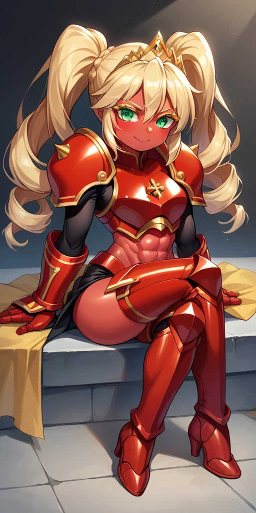 Lancer Artoria body (Alexis Texas Face), elegant adult female, blonde, green eyes (yellow eyelashes) crown, turtleneck, full body sitting on a bench, showing ass to me, RED breastplate, RED skin (1SologirlRED skin:1.2), looking at viewer, shiny, armor, thigh highs, high boots, pauldrons shoulder armor, faulds, poleyn, RED gloves gauntlets, rerebrace, RED military armored boots, yordle muscular lean platinum blonde long twin tails hairstyle at the bedroom lustful smirking smile face red blushed, blush, strong abs, female body builder, tiara, twin drills hair, (masterpiece, best quality, ultra detailed, best shadow)