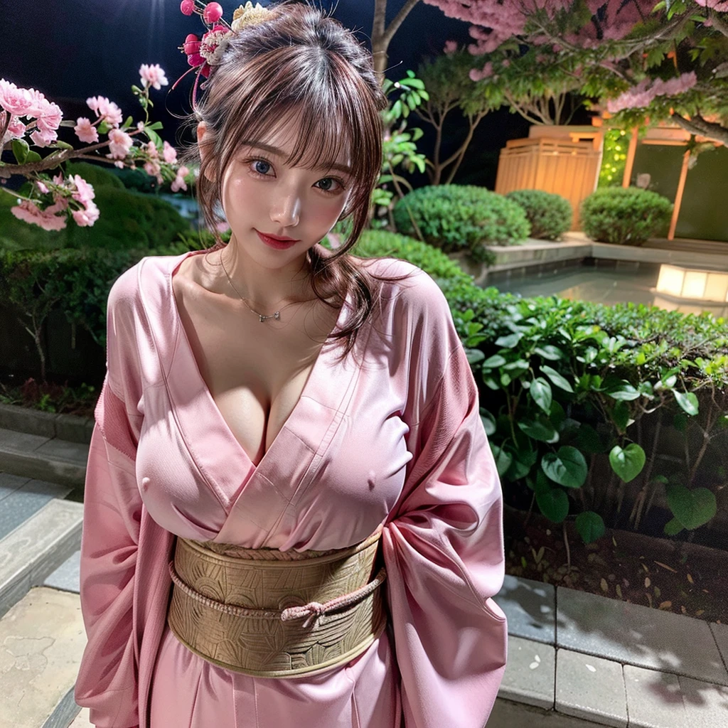 (masutepiece:1.3, Photorealsitic:1.4, 8K), top-quality, ​masterpiece, 超A high resolution, Perfect dynamic composition, Highly detailed skin and facial texture:1.3, A detailed eye, Detailed limbs, Spring Night Fireworks Display, Cherry blossoms are dancing, 1girl in, Cute sexy 25 year old slim woman, Fair skin, ((Sense of clarity:1.1)), ((Huge chest on the verge of bursting:1.0, Do not show areola, gigantic cleavage:1.15)), (embarrassing smile:0.9, Totally captivates you:0.9), ((Long sleeve pink kimono:1.3)), (Beautiful blue eyes, Eyes with a sense of beauty with a sense of transparency:0.85), Sexy face:0.4, red blush:1.1, (A mouthfeel that feels beautiful eros:0.85), Professional camera work, Grow Light Effect, ((backshots)), ((Too erotic:0.9)), Silver necklace, looking at viewert