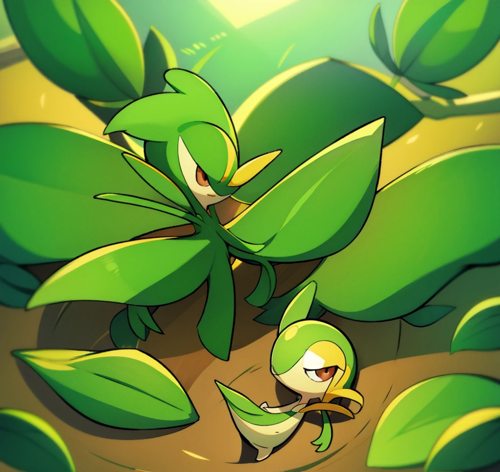 Snivy in a flower field, good lighting, dagasi art style