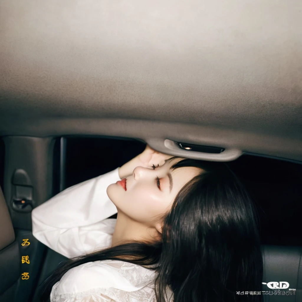 1 girl, beautiful detailed eyes, beautiful detailed lips, extremely detailed eyes and face, long eyelashes, elegant asian woman, sitting in car, smiling joyfully, reclining in backseat, side view, head tilted up, camera looking at her, soft cloudy sky, crescent moon, lofi aesthetic, high quality photograph, long black hair, asian beauty standards, best quality, masterpiece, intricate details, color grading, sharp focus, hyper detailed, ArtStation trending