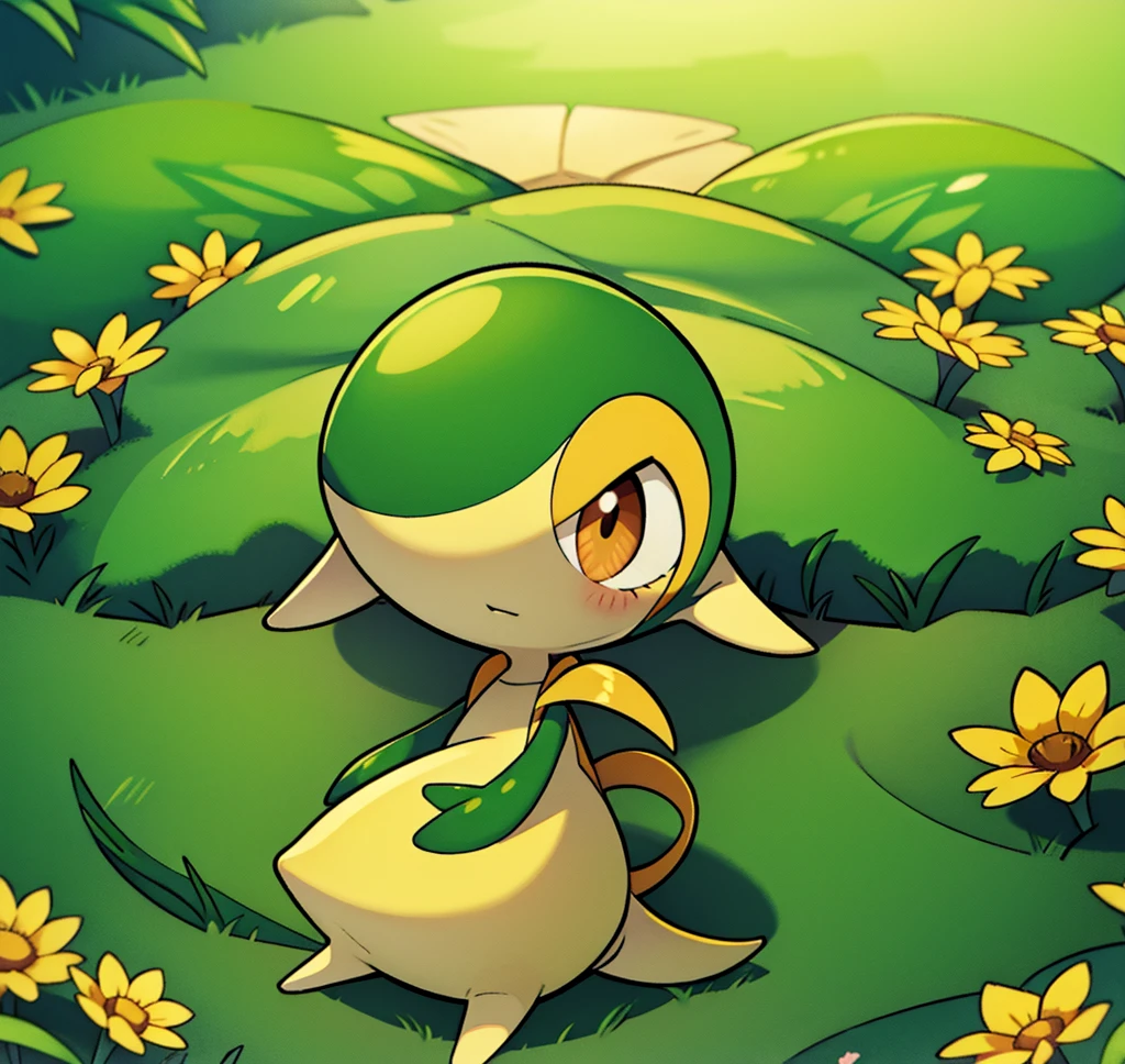 Snivy in a flower field, good lighting, dagasi art style
