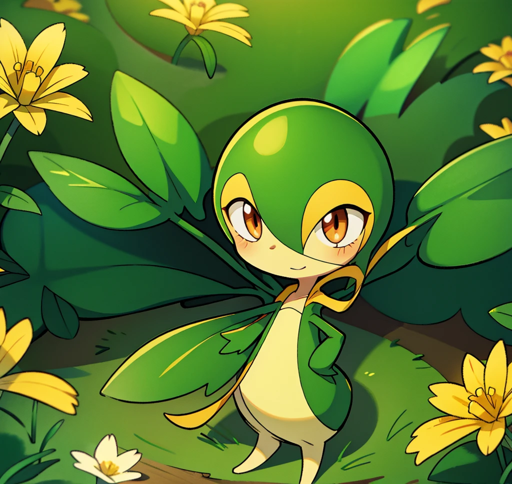Snivy in a flower field, good lighting, dagasi art style