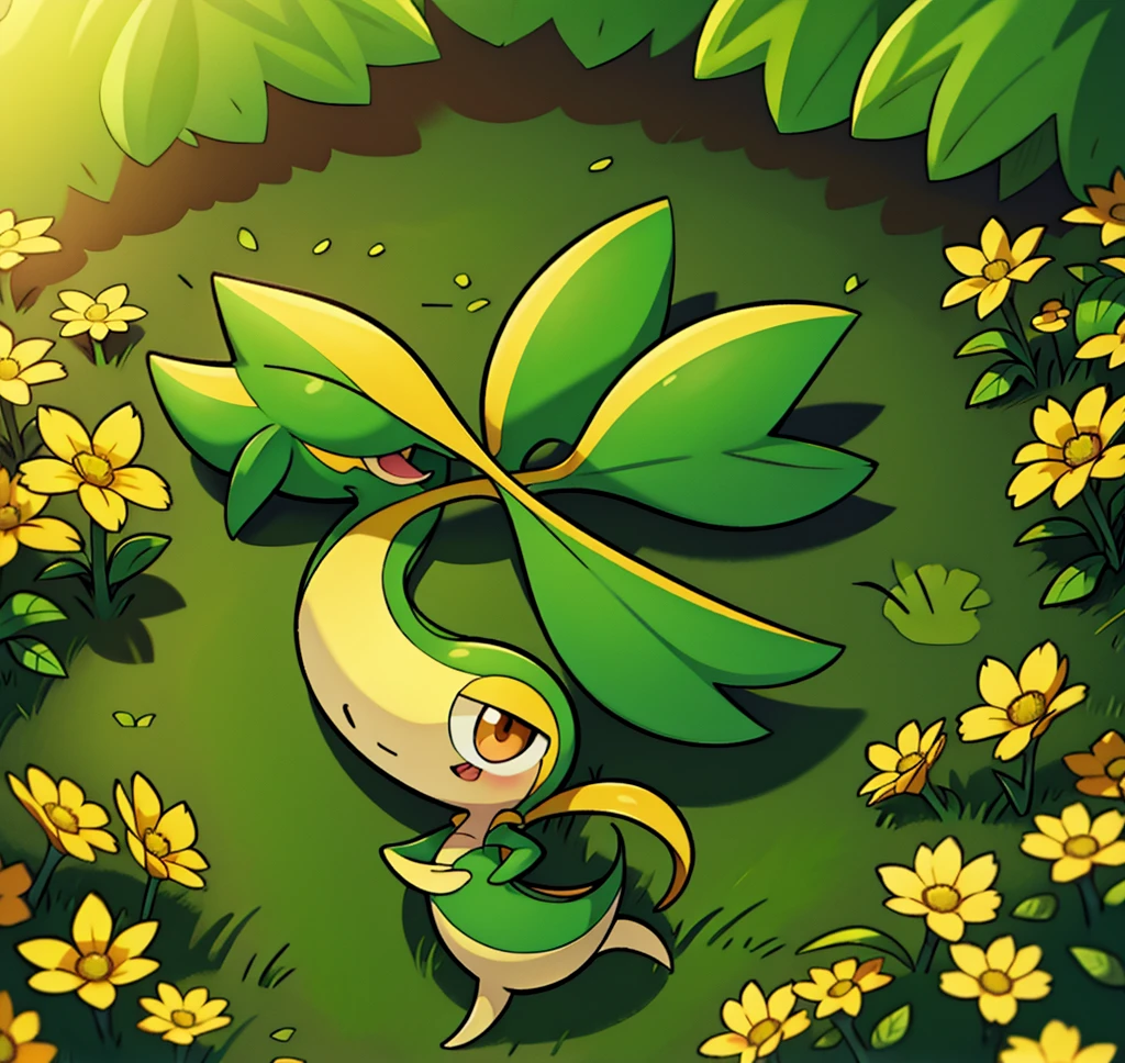 (masterpiece, best quality:1.2),solo,snivy \(pokemon\),pokemon \(creature\),full body,no humans,flower field, good lighting, defined tail, pointed snout, beautiful eyes, ancesra art style