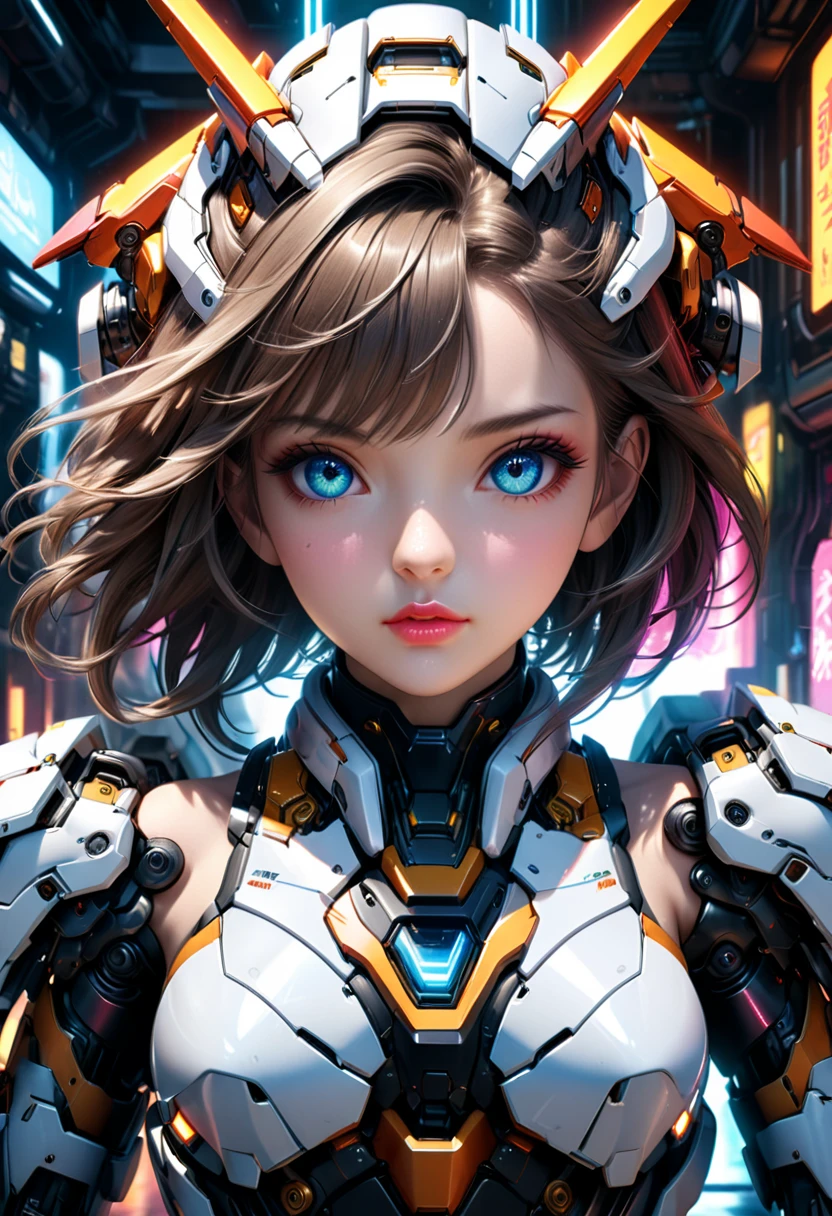 A photorealistic portrait of a beautiful 20-year-old girl wearing a white off-shoulder sci-fi armor, looking directly at the viewer, in a futuristic sci-fi setting with mecha elements, (best quality,4k,8k,highres,masterpiece:1.2),ultra-detailed,(realistic,photorealistic,photo-realistic:1.37),detailed eyes,detailed lips,extremely detailed face,long eyelashes,intricate mecha details,advanced technology,neon lights,cinematic lighting,vibrant colors,dramatic shadows