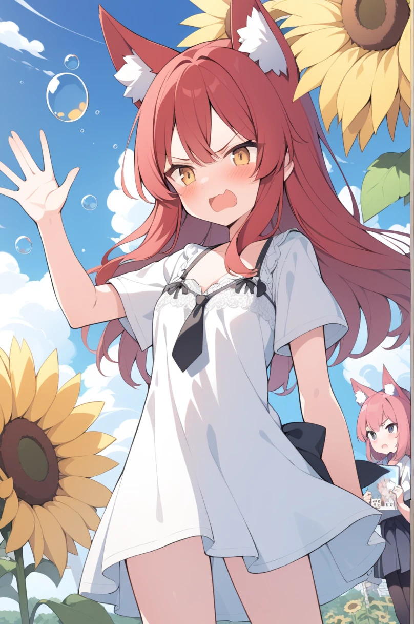 1girl ,20s,angry face,white shirt,short sleeves,(black standard tie),white school skirt,(red hair),long hair,fox ears, sunflowers, standing alone, flowers, plein-air, chemise, sky, , 弓, nube, white chemise, manga curta, giorno, red 弓tie, blue sky, yellow flowers, blush, (bubble), waving, waving arm, arm behind the back,