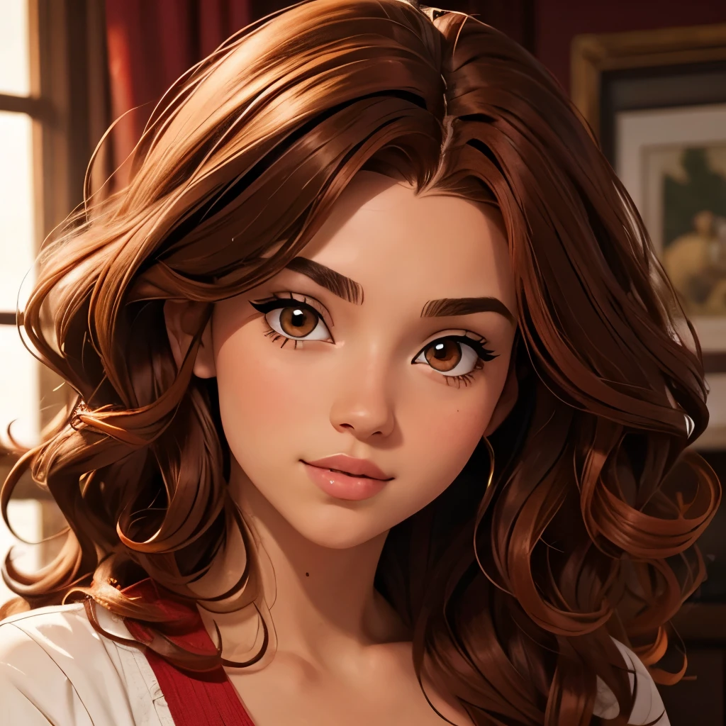 Beautiful cute curly girl with red highlights in her hair brunette brown eyes 