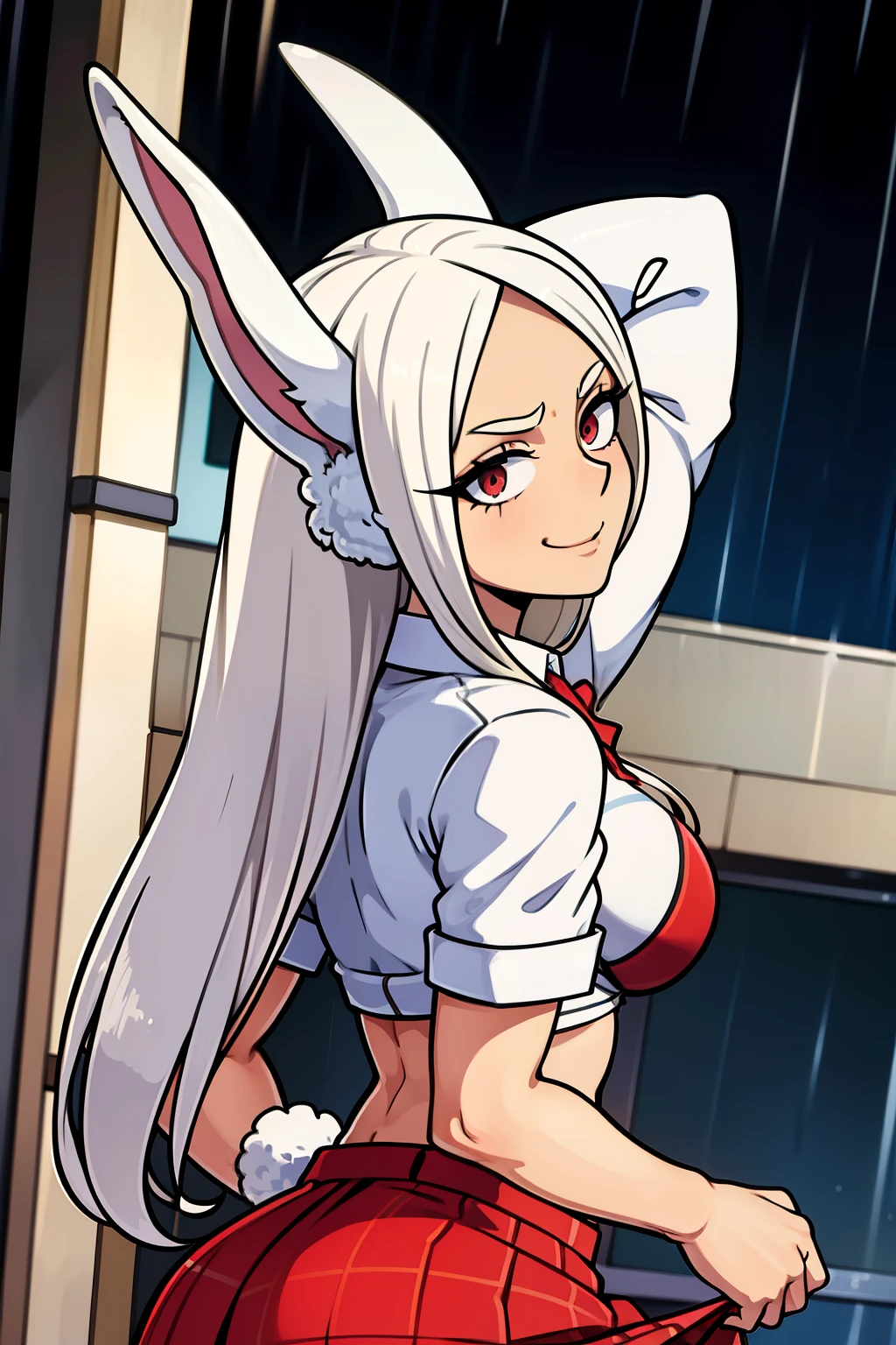 cute girls,round red eyes, White hair、Is behind,rabbit ears,big butt,sexy、smiling,Medium to long straight hairstyle、(big tits,she wears a plaid skirt,In a rental house,Is behind,evening,it was raining outside,Upper body is wet..,whole body,she wears a plaid skirt,she wears a red bra,sexy