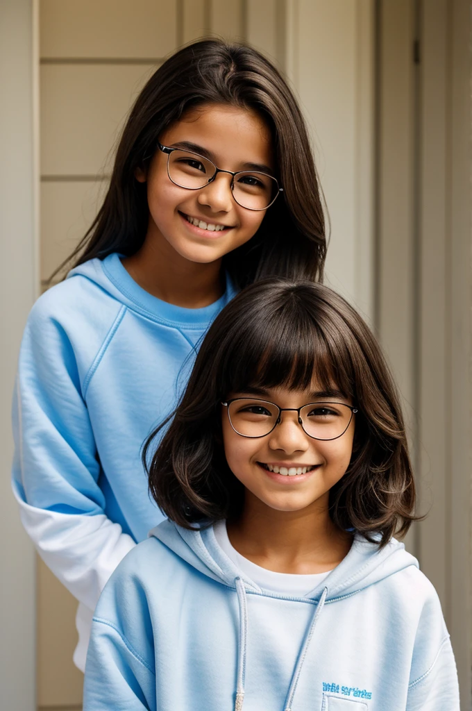 Fourteen-year-old teenager Tan skin Dark eyes Clear glasses Shoulder-length wavy dark brown hair Wearing a white sweatshirt with light blue horizontal lines Smiling shyly at the camera