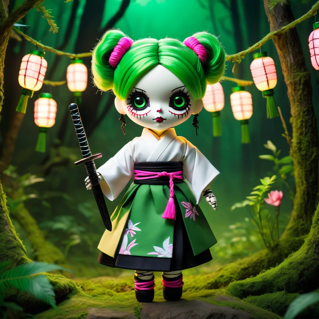 (knitted toy voodoo doll:1.7), (Voodoo Mitsuri Kanroji:1.5), (Clothing white kimono with an open neckline and a black skirt, green knee-highs:1.0), (hair pink on top and green pigtails:1.4), (holds a small sword:1.0), (background:dark mystical forest with glowing lanterns:1.2), (style:creepy, mesmerizing, detailed:1.3), best quality, masterpiece, detailed soft oil painting, detailed background, dramatic cinematic lighting, soft edge lighting, professional, dramatic lighting, hard edge lighting, ultra quality, 4k, masterpiece, best quality, 8k, ultra high definition, high resolution, extremely detailed
