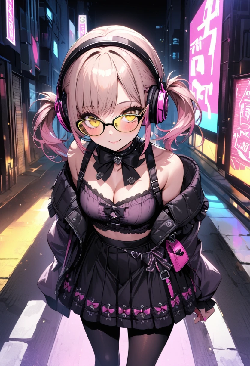 extremely detailed fine touch, 2D, girl, solo, very short black twintails hair, (((yellow underrim glasses:1.3))), (headphones:1.2), blush, smile, standing on the road, perfect anatomy, in the urban area, tokyo (city), at night, neon lights on the background, eyelashes, clavicle, cleavage, midriff, wearing the jirai-kei pink fashion, black leggings, black boots, high-detailed skin,jirai kei, black skirt, 