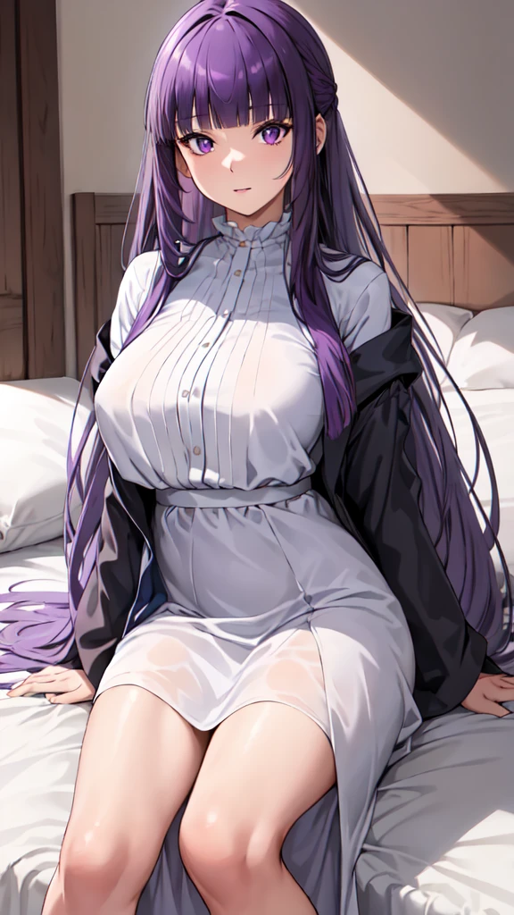 masterpiece, Highest quality, High resolution, Arfern, Long Hair, Purple Hair, Blunt bangs, Purple eyes, Large Breasts, Long dress, White Dress, Black Robe, Long sleeve, Sitting,arms behind head, Bedroom, Cowboy Shot,