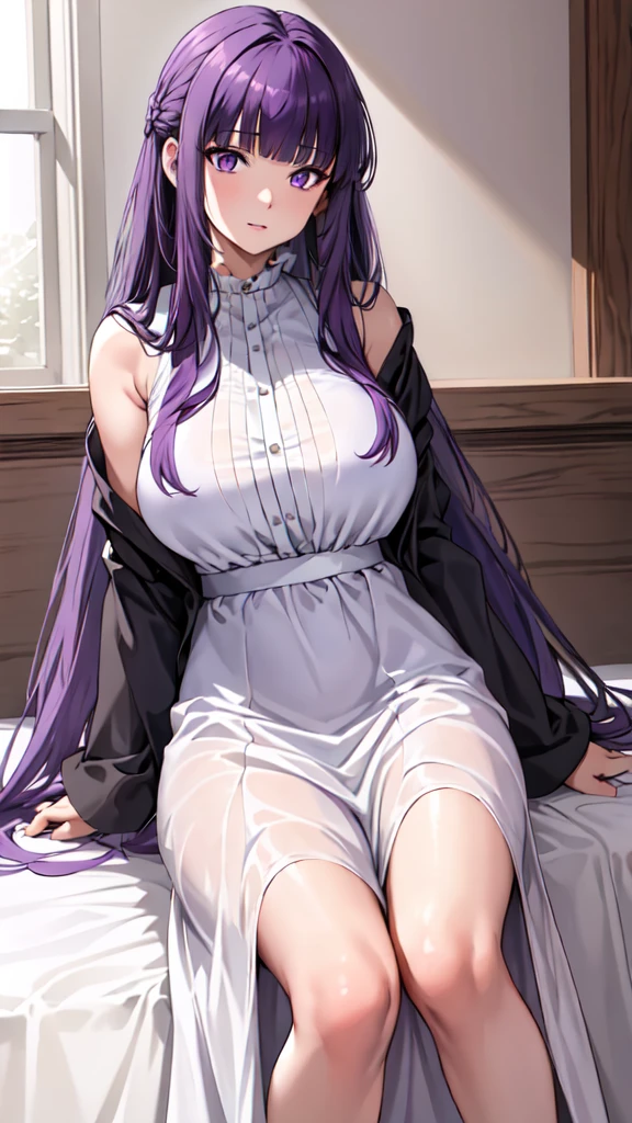 masterpiece, Highest quality, High resolution, Arfern, Long Hair, Purple Hair, Blunt bangs, Purple eyes, Large Breasts, Long dress, White Dress, Black Robe, Long sleeve, Sitting,arms behind head, Bedroom, Cowboy Shot,