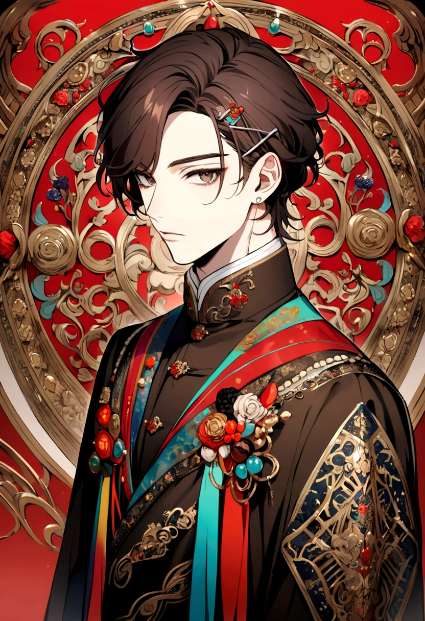 A prince with moderate dark brown hair and bangs which he always pinned with hairpins. His eyes has red brown color. and he wear a modern 