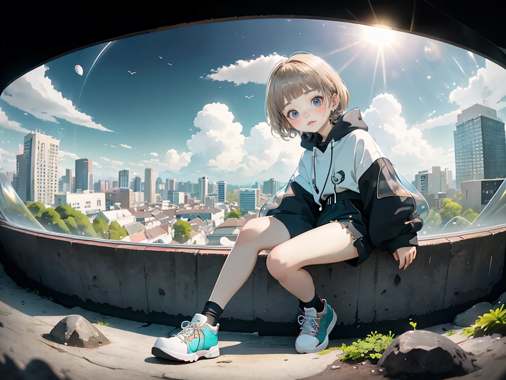 delicate、detailed、high quality、high resolution、４K、high quality、Short Mash Hair、Short Hair、Blonde Hair Color、Turquoise Eyes、white色のパーカー、Black hot pants、Black sneakers、Childish, high quality、超detailedな、(1 girl in:1.3)、internal、Elementary school girls、 girl，，Chairman Type，M-shaped foot、small, Inflated，white, See-through, Complex architecture、Lush garden、Designing Peace and Spirituality。Designed with a fisheye effect image that captures a wide field of view with a unique curved viewing angle。Panoramic cityscape、Dramatic Skyline、breather、A sophisticated space with a rooftop view