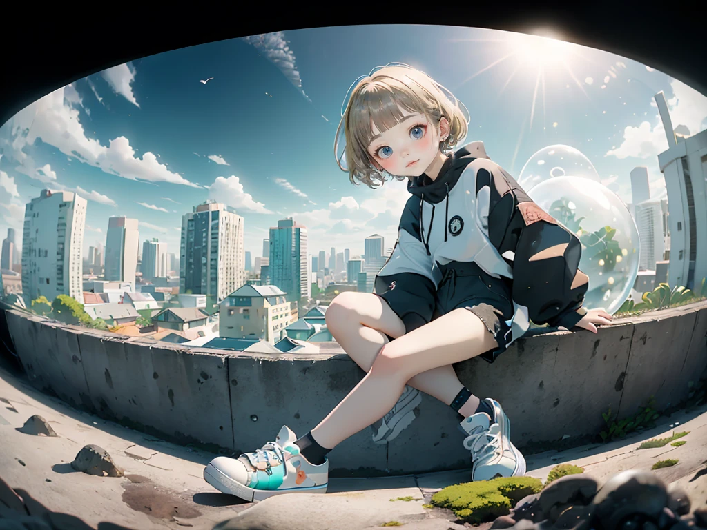 delicate、detailed、high quality、high resolution、４K、high quality、Short Mash Hair、Short Hair、Blonde Hair Color、Turquoise Eyes、white色のパーカー、Black hot pants、Black sneakers、Childish, high quality、超detailedな、(1 girl in:1.3)、internal、、 girl，，Chairman Type，M-shaped foot、small, Inflated，white, See-through, Complex architecture、Lush garden、Designing Peace and Spirituality。Designed with a fisheye effect image that captures a wide field of view with a unique curved viewing angle。Panoramic cityscape、Dramatic Skyline、breather、A sophisticated space with a rooftop view