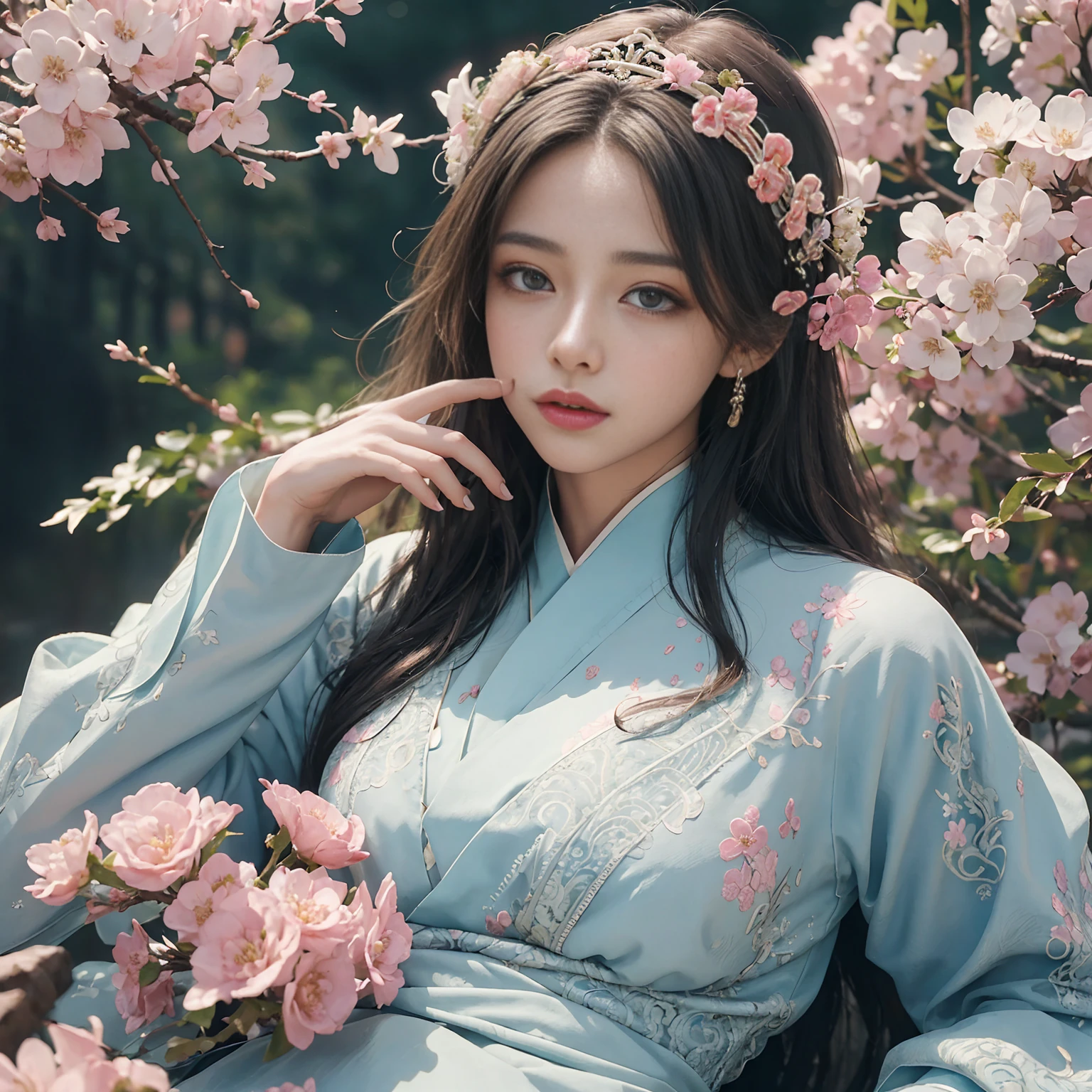 Blue sky and white clouds,Distant Mountain、tower and many people,Pink flowers,cherry blossoms,Woman in Hanfu,phoenix crown tiara、Carefully embroidered、Wearing Hanfu Pantyhose、hanfu stockings、Wear long-sleeved Hanfu、Transparent panties are clearly visible、Look at the panties and panties、Exposed oversized breasts、born,(8K、Highest quality、masterpiece:1.8)、(Intricate details:1.8)、(realism:1.8)、Octane Rendering、Complex 3D rendering with ultra-detail, Studio Soft Light, Edge Light, Vivid details, Super Detail, Realistic skin texture, Detailed aspect, Beautiful Eyes, Highly detailed CG Unity 16k wallpaper, cosmetics, (Detailed Background:2.0), clear fingers,That's a nice finger,Skin glows、Spread your legs,Camel toe to show off your thighs!!!、