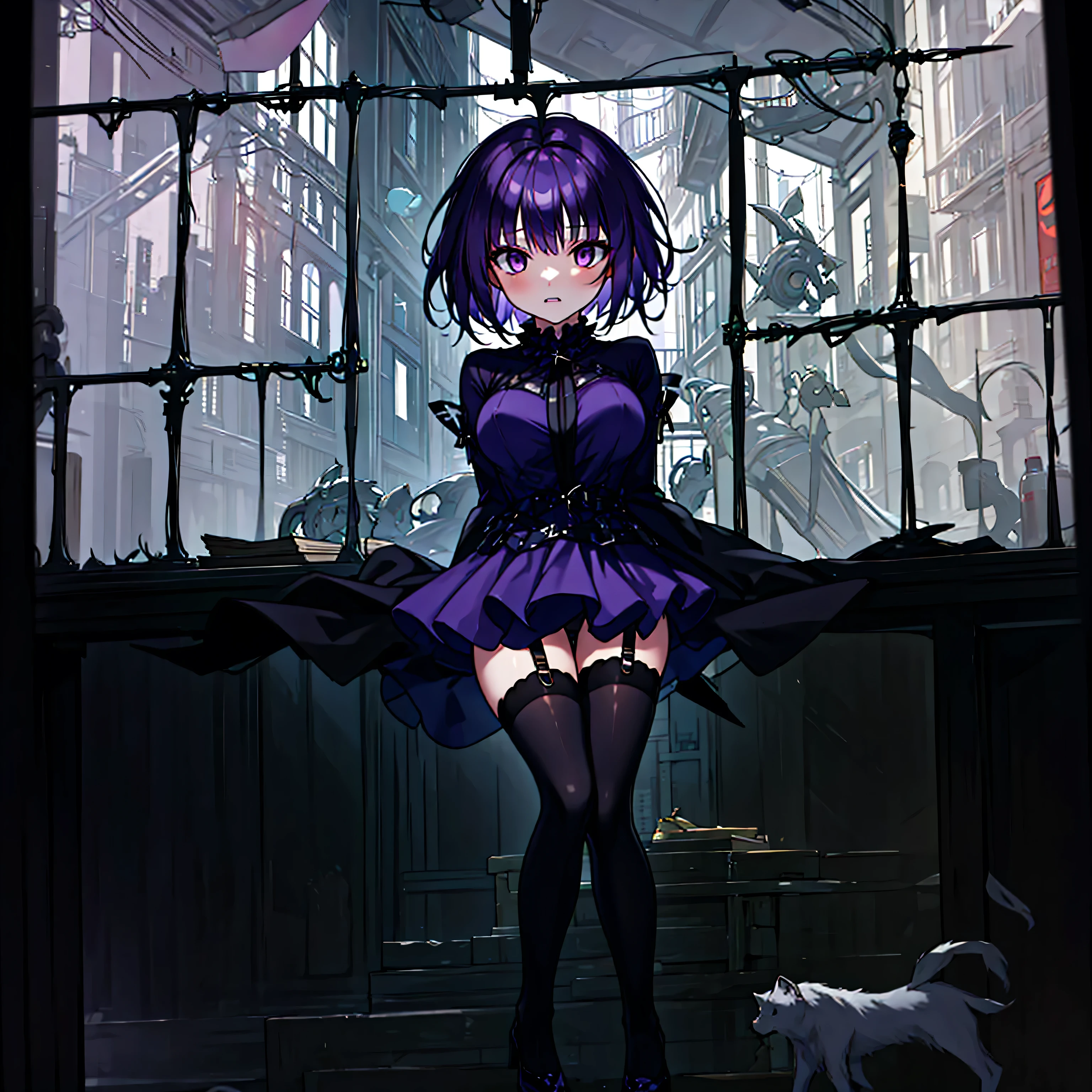 (solo), (1 skinny short girl:1.2), in the dark hall of mansion, (midnight), purple eyes over hair, Gothic ta, arms behind back, BREAK, (black short hair), (bursting large breasts), (bouncing breasts:1.1), pale white skins, (skinny narrow waist), skinny legs, BREAK, (frilled layered black short dress), (frilled black cape), close chest, frilled long sleeve, show off thigh gap, (frilled black thighhighs:1.1), stiletto heels, BREAK, sad face, orgasm, coverd erectile nipples