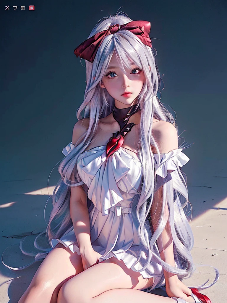 (masterpiece:1.1), (details:1.1), ((1girl)), (8k), medium breasts, long silver hair anime girl, perfect platinum hair girl, sexy anime girl, she platinum haired girl, beautiful anime girl, photorealistic anime, realistic young anime girl, surreal anime, realistic 3 d anime style, attractive anime girl, smooth anime cg art, anime girl, beautiful anime woman, silver hair, (brown eyes), (red bow), (cute face) ), pink cheeks, (detailed face), (detailed eyes), (looks like sinestrea Arena of valor), (sinestrea from Arena of valor), (beautiful face), full body shot, white skin, (left eye blue), (right eye brown), sitting on the ground, (red bow)