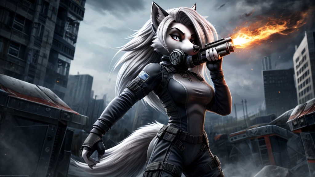 Loona from Helluva Boss, female white wolf, anthro, short white hair, grey eyes, fireproof ballistic reinforced combat suit, face gas mask, standing, detailed, solo, beautiful, high quality, 4K