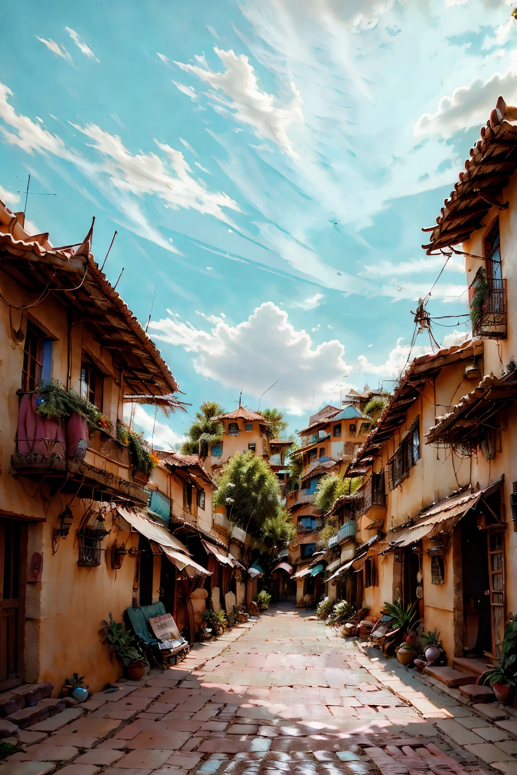 a colorful and beautiful umbrella-decorated alleyway in Guatape, Antioquia, Colombia, at sunset, highly detailed, photorealistic, 8k, masterpiece, stunning landscape, vibrant colors, dramatic lighting, intricate architecture, cobblestone streets, quaint buildings, umbrellas hanging overhead, dusk sky, warm lighting, idyllic scene, picturesque town, travel destination, vivid details, atmospheric, breathtaking