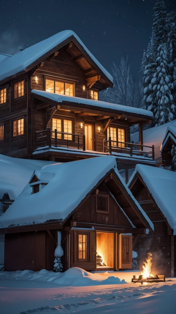 Winter, night, blizzard, wooden house, fire