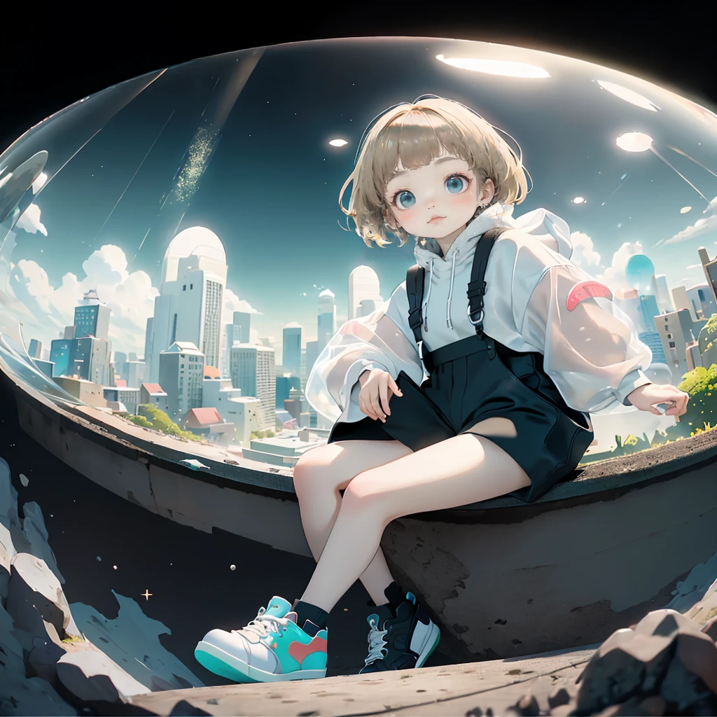 delicate、detailed、high quality、high resolution、４K、high quality、Short Mash Hair、Short Hair、Blonde Hair Color、Turquoise Eyes、white色のパーカー、Black hot pants、Black sneakers、Childish, high quality、超detailedな、(1 girl in:1.3)、internal、Elementary school girls、 girl，，Chairman Type，M-shaped foot、small, Inflated，white, See-through, Complex architecture、Lush garden、Designing Peace and Spirituality。Designed with a fisheye effect image that captures a wide field of view with a unique curved viewing angle。Panoramic cityscape、Dramatic Skyline、breather、A sophisticated space with a rooftop view