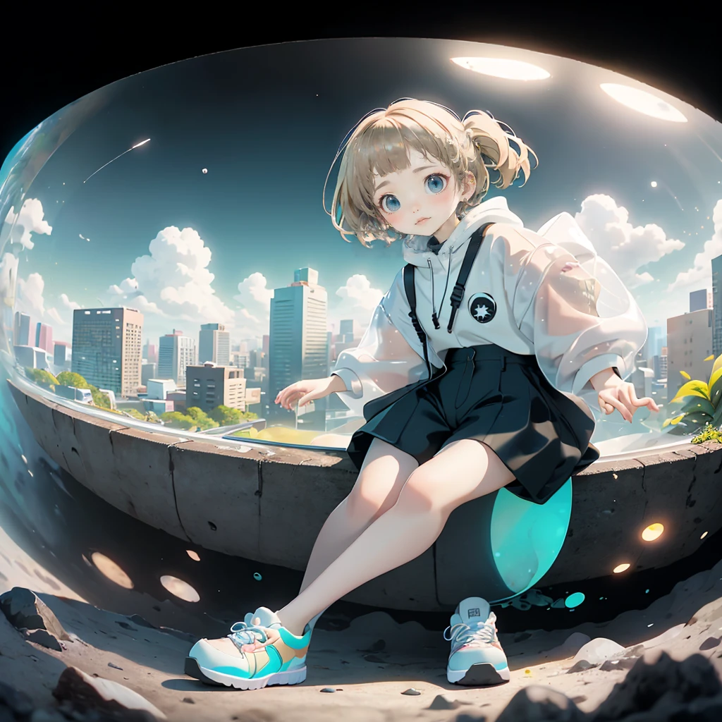 delicate、detailed、high quality、high resolution、4K、high quality、Short Mash Hair、Short Hair、Blonde Hair Color、Turquoise Eyes、white色のパーカー、Black hot pants、Black sneakers、Childish, high quality、超detailedな、(1 girl in:1.3)、internal、Elementary school girls、 girl,,Chairman Type,M-shaped foot、small, Inflated,white, See-through, Complex architecture、Lush garden、Designing Peace and Spirituality。Designed with a fisheye effect image that captures a wide field of view with a unique curved viewing angle。Panoramic cityscape、Dramatic Skyline、breather、A sophisticated space with a rooftop view