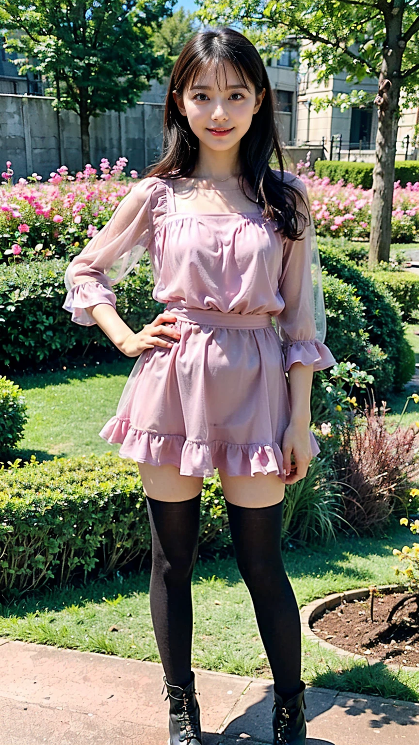 (8K、RAW Photos、Highest quality、masterpiece:1.2)、(Realistic、Realistic)、1 Girl、((Pink dress、Frills、See-through、Black tights、mini skirt、boots、Chest open、whole body、garden、View from the front、Looking into the camera、Stand with one hand on your hip))、