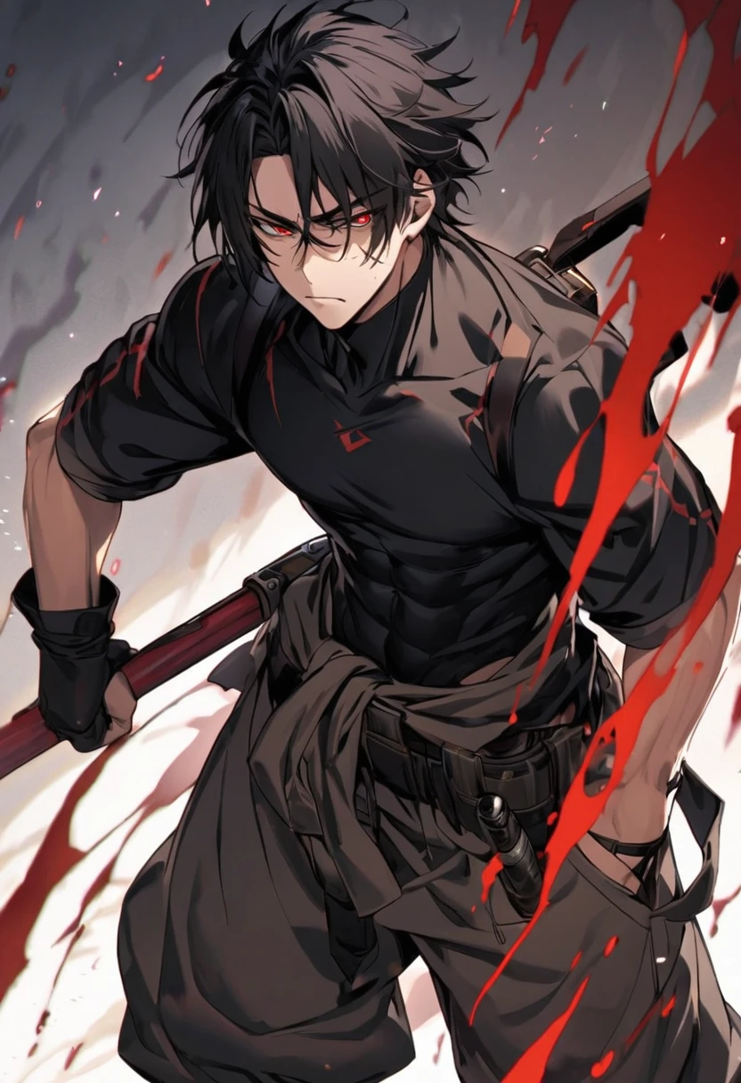 Sasae Hatsushimi. is a young man with messy, shoulder-length black hair that partially hangs in front of his face and half-opened blood-red eyes. With a cool and cold face with a strong gaze. he has a moderate athletic build, and His attire consists of a tight-fitting black shirt, sports tan baggy pants with a tool belt casually around his waist, and  black boots