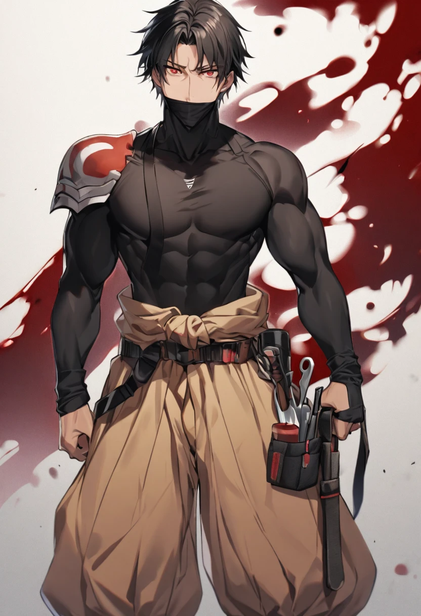 Sasae Hatsushimi. is a young man with messy, shoulder-length black hair that partially hangs in front of his face and half-opened blood-red eyes. With a cool and cold face with a strong gaze. he has a moderate athletic build, and His attire consists of a tight-fitting black shirt, sports tan baggy pants with a tool belt casually around his waist, and black boots