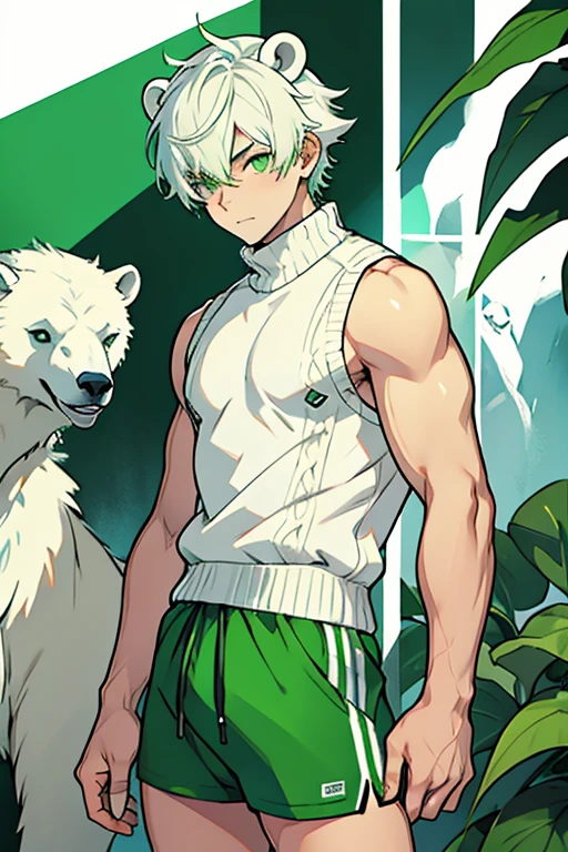 Young man short white hair with polar bear ears green eyes green sleeveless shirt green waist sweater white shorts