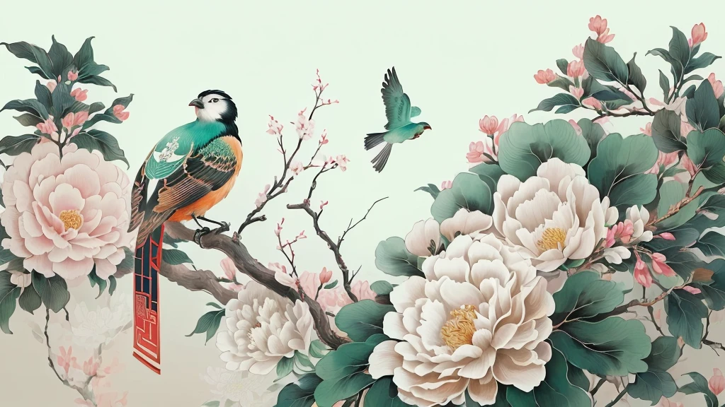 Two birds are sitting on a branch of a tree full of flowers, Chinese painting style, Chinese style, traditional Chinese Arts, Chinese watercolor style, traditional Chinese painting, A beautiful artistic illustration, Chinese Arts风格, Beautiful digital illustrations, Chinese painting, Background artwork, Oriental Wallpaper, Chinese Arts, Beautiful art UHD 4K, Traditional Chinese ink painting