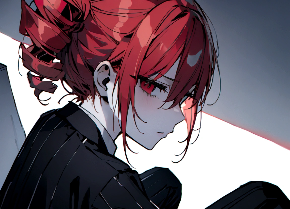 Red hair、Black suit、Sitting at a white desk、Bleak