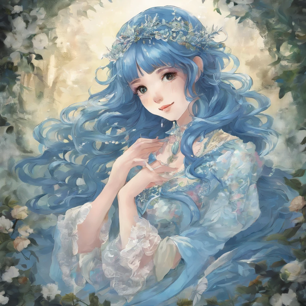 ((higher quality picture)), Japanese girl, beautiful girl, clear, cool, softly smiling, blue hair, natural Curly Hair, fashion model, simple dress, happy mood