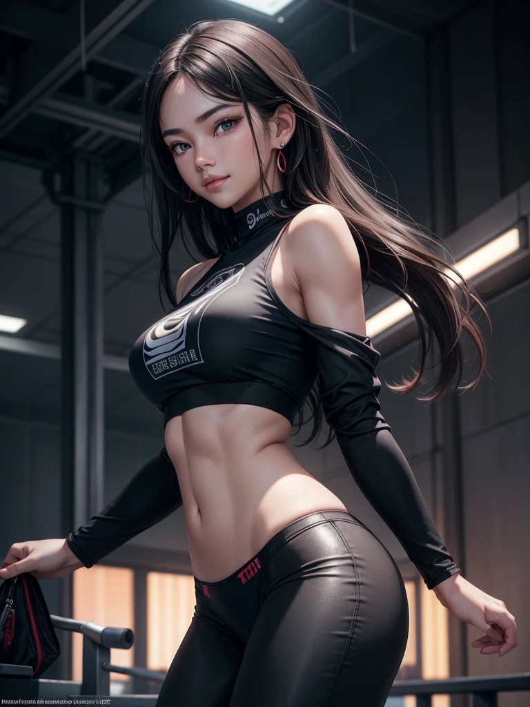 8k, Masterpiece, raw photo, Best Quality, detail: 1.2), photorealistic, fondos de pantalla CG unificados de 8k extremadamente detallados, depth of field, cinematic light, Lens flare, ray tracing (extremely beautiful face, Beautiful lips, beautiful eyes), intricate detailed face, ((Ultra detailed skin)) 1 girl, deep dark shadow, korean pretty girl, kpop idol, (Very lean and lean muscular body: 1.3), (big smile), (Black leggings), (red top), (Exposed panties), (injection sleeve), (airport runway night background), (neon lights), (planes), cute korean girl, earrings, bracelet, neck, pantimedias, light eyes, walk, (pale skin), Face forward , (large eyes), ((Upper body shots)), Came back, rear shot