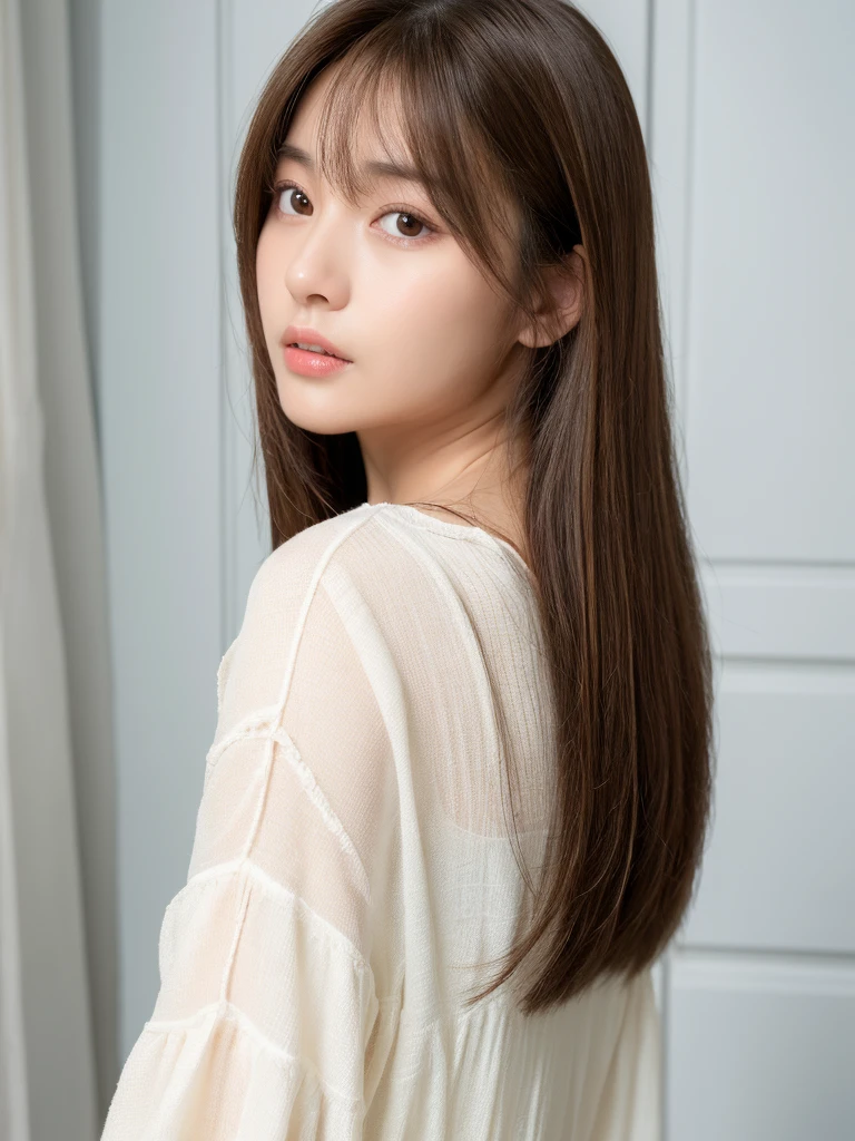 ((highest quality、8K、masterpiece:1.3))、ultra high resolution、(photogenuineistic:1.4)、table top、white wall、Taken in front of the white door、Photographed in natural light、Grey long-sleeved dress、Raw photo、Japanese,(face)、genuine、((profile))、Photographed in natural light、Highly detailed face and skin texture、highly detailed lips、correct state of the human body、straight hair、bright hair color、various poses、Natural color lip 、long hair、((Light brown straight hair))、straight hair、shot from behind、Don'don't look at the camera、angle from behind、Super detailed、30 generations、actress、Hair is straight、emphasizes the shine of hair