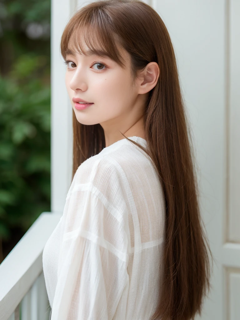 ((highest quality、8K、masterpiece:1.3))、ultra high resolution、(photogenuineistic:1.4)、table top、white wall、Taken in front of the white door、Photographed in natural light、Grey long-sleeved dress、Raw photo、Japanese,(face)、genuine、((profile))、Photographed in natural light、Highly detailed face and skin texture、highly detailed lips、correct state of the human body、straight hair、bright hair color、various poses、Natural color lip 、long hair、((Light brown straight hair))、straight hair、shot from behind、Don'don't look at the camera、angle from behind、Super detailed、30 generations、actress、Hair is straight、emphasizes the shine of hair