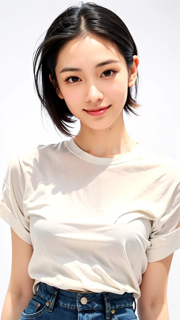 (1 woman:1.5)、(Wide forehead、Very short hair、Very small amount of hair、Forehead:1.1)、A happy expression with a slight tan、A soft smile、(White T-shirt、Skinny jeans),((Very sleepy、Improves skin texture, A big smile、Narrow eyes、I know the shape of your head))、(slicked back hair:1.25)、Photographic, Raw photo, Mastepiece, Highly detailed photos, Digital SLR, Photo-realistic 1.4, Super hello nothing, Best Quality,(standing、tilting your head、whole body:1.5)