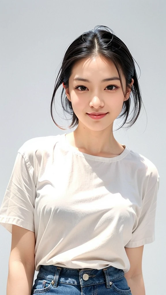 (1 woman:1.5)、Wide forehead、Very short hair、Very small amount of hair、Forehead、Happy expression、A soft smile、(White T-shirt、Skinny jeans),((Very sleepy、Improves skin texture, A big smile、Narrow eyes、I know the shape of your head))、(slicked back hair:1.25)、Photographic, Raw photo, Mastepiece, Highly detailed photos, Digital SLR, Photo-realistic 1.4, Super hello nothing, Best Quality,(standing、tilting your head、whole body:1.5)