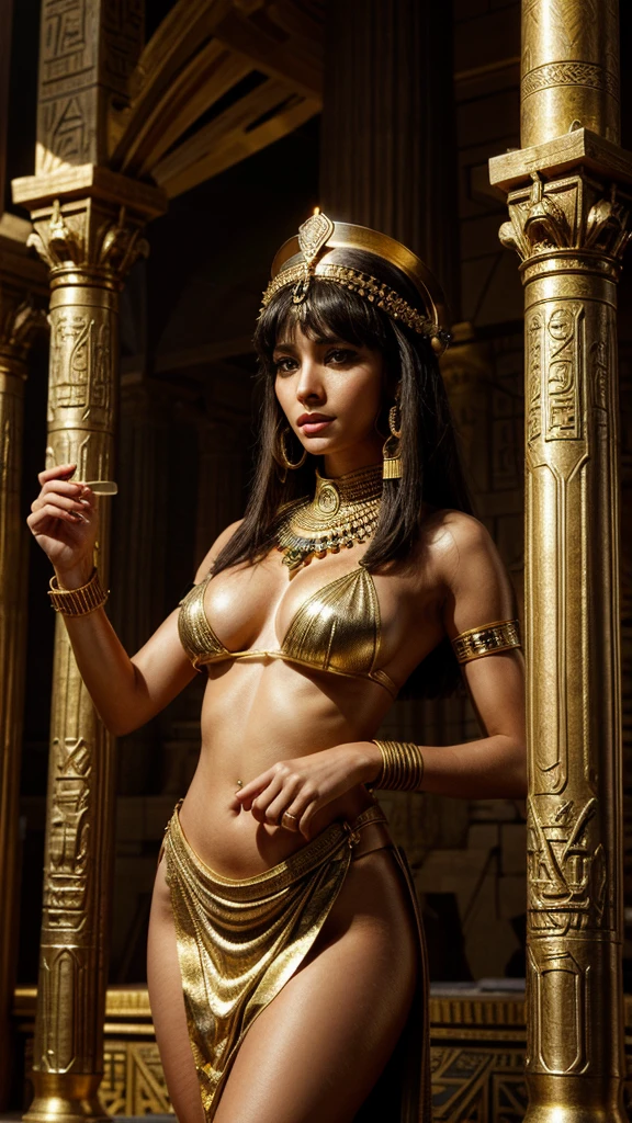 "Create a hyper-realistic image of Cleopatra, the famous queen of ancient Egypt, using SeaArt. She should be depicted with her iconic look: wearing a gold and jewel-encrusted headdress, and adorned with traditional Egyptian jewelry. Her attire should include a flowing white linen dress with gold accents. She has almond-shaped eyes highlighted with dramatic black eyeliner extending towards her temples, and her hair should be styled in a short, curly bob. Show her conducting a scientific experiment, surrounded by ancient scrolls, potions, and alchemical tools. The background should feature elements of ancient Egyptian architecture, such as pyramids or columns. Ensure the image is highly detailed and photorealistic, capturing her regal and enigmatic beauty."