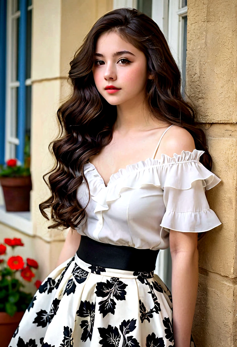 ((no hat:1.2)_Thick wavy long hair that goes down to the hips, Full body view of a fascinating 17-year-old woman)), ( perfect body_moderately large breasts, A thin waist, wide pelvis, Beautiful long-haired ), ( very beautiful little face_detailed eyes nose mouth ), pale skin, Gorgeous black blouse and white frilly skirt, High heels, elegant portrait, 8K, high resolution, Delicate depictions,