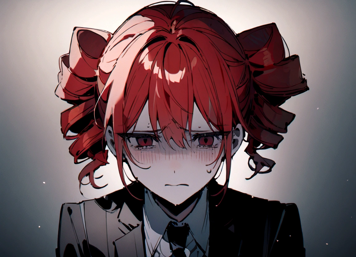 Red hair、Black suit、Sitting at a white desk、Bleak、Sad face